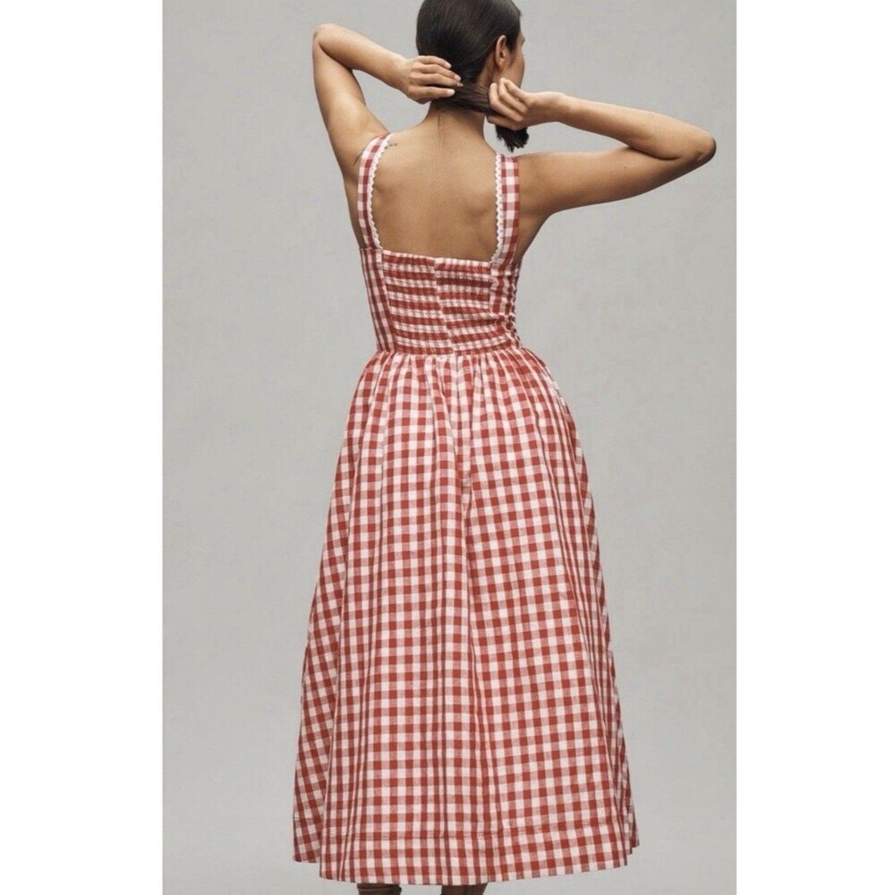 Anthropologie Wayf Midi Dress Red Linen Blend Drop Waist Preppy Boho Medium NWT - Picture 3 of 14